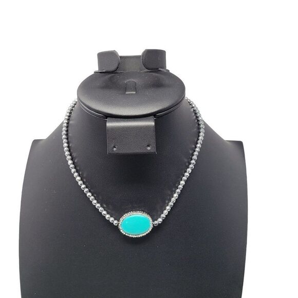 Vintage 90s Signed LUC Silver Bicone Rhinestone Faux Turquoise Oval Pendant Coll - Picture 1 of 13